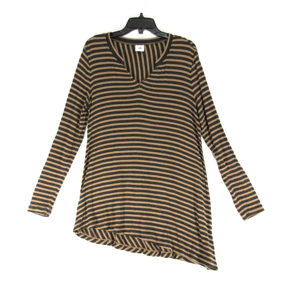 Cabi Slant Top Medium Brown Stripedâ Asymmetrical Split V-Neck Tunic